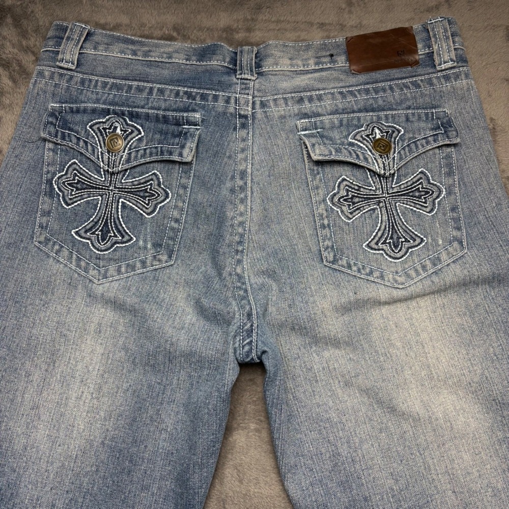 EJ Black‎ Jeans Mens 34 Light Wash Cross Embroidered Distressed Straight Leg Y2K - Picture 4 of 11